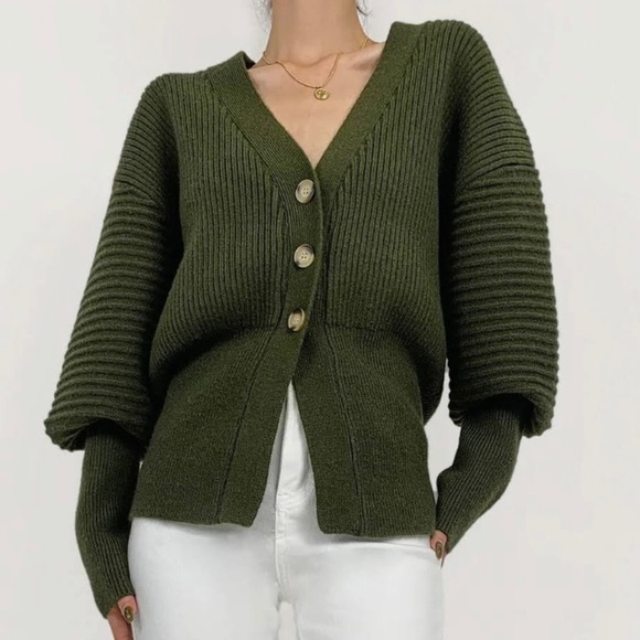 Button Up Balloon Sleeve Ribbed Knit Cardigan in Olive Green - Size S - Picture 1 of 12